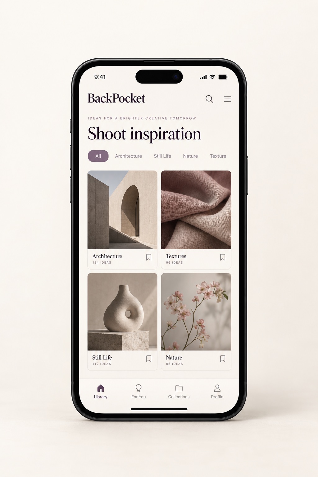BackPocket iPhone concept displaying a visual collection of saved creative inspiration.