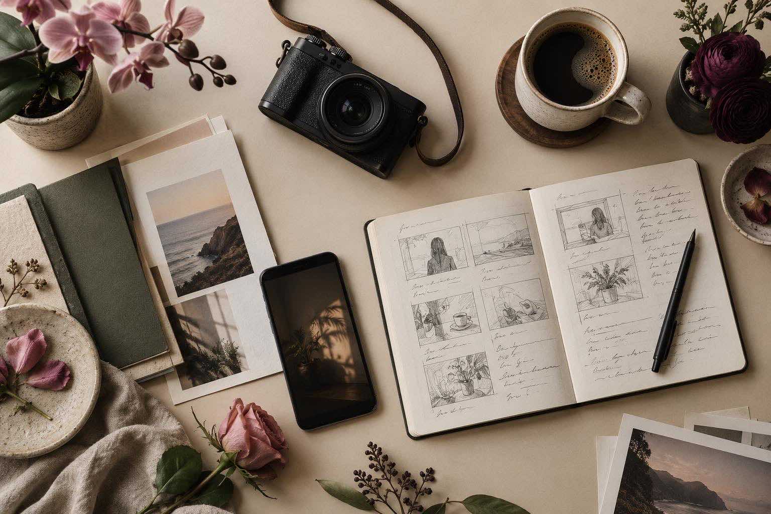 Creative workspace with a camera, storyboard and smartphone.